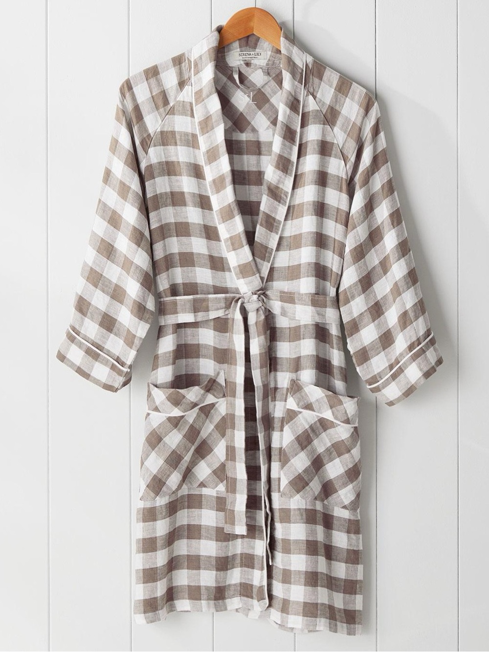 Serena & Lily Tan and White Gingham Cotton Robe